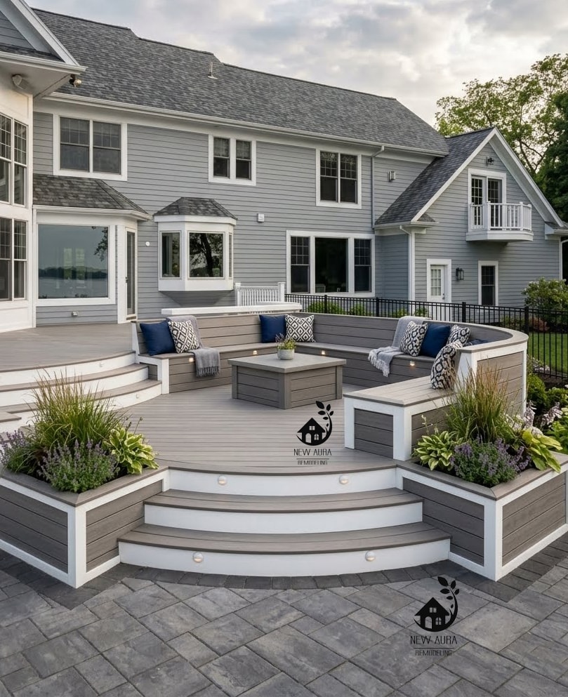 Beautiful new custom deck after rebuild — outdoor living space with patio furniture Rochester NY