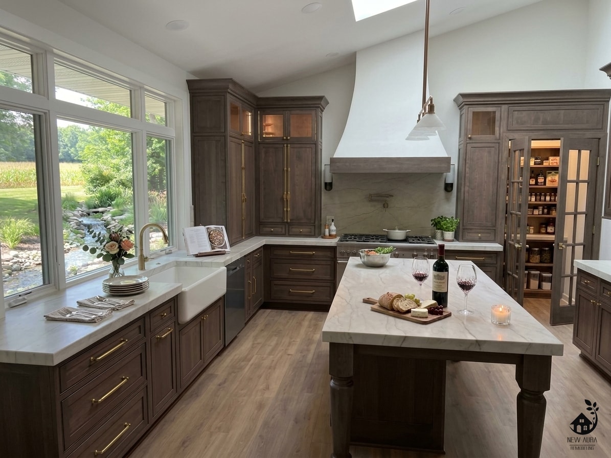 Modern kitchen after remodeling — bright white cabinets and quartz countertops Rochester NY