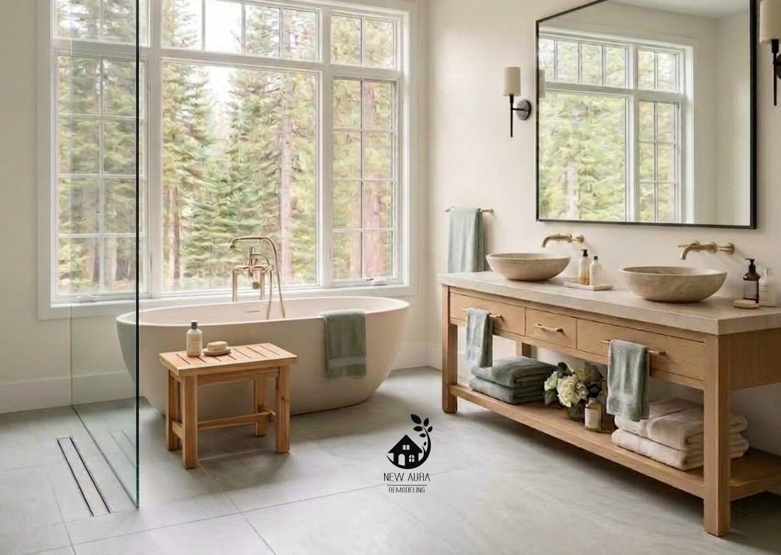 Luxury bathroom renovation Rochester NY — double vanity with marble tile and soaking tub