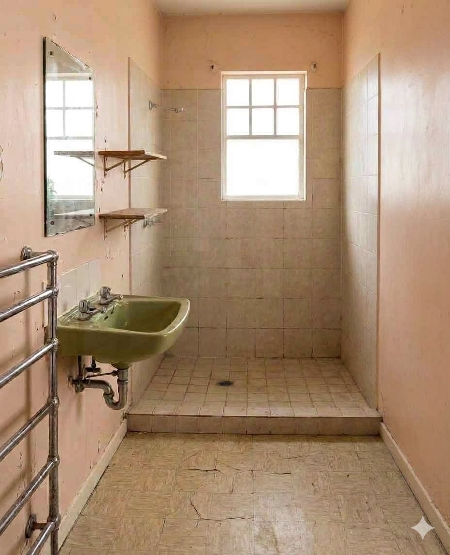 Outdated bathroom before renovation — old tiles and dated fixtures Rochester NY