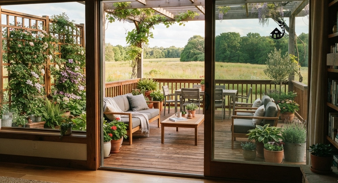 Deck building Rochester NY — beautiful outdoor wood deck with patio furniture