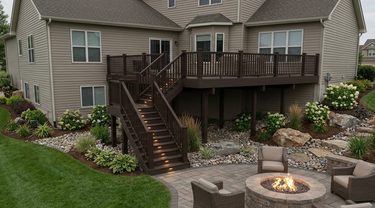 Elevated deck Rochester NY — modern design with built-in seating and outdoor dining