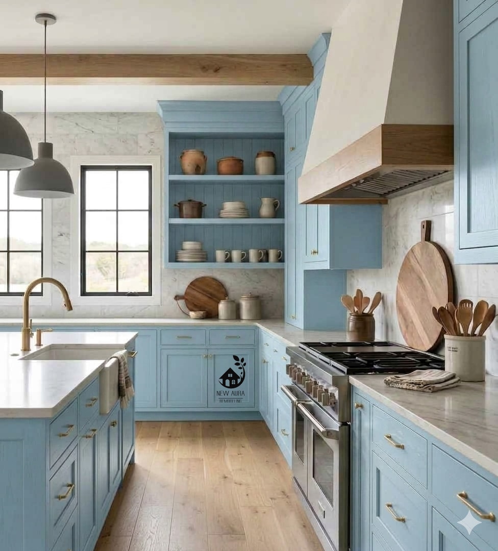 Farmhouse kitchen remodel Rochester NY — large island with wood accents and pendant lights