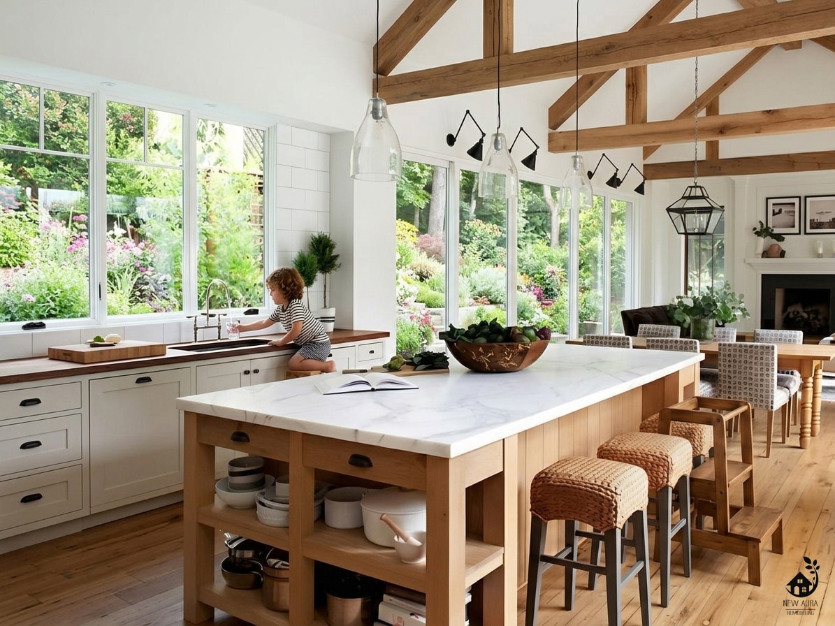Luxury kitchen renovation Rochester NY — open concept with dark cabinetry and pendant lighting
