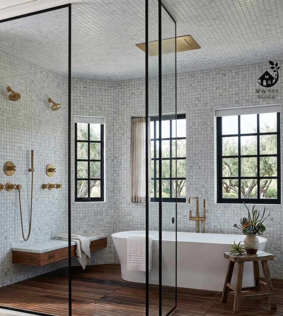 Modern farmhouse bathroom remodel Rochester NY — black-framed glass shower and freestanding tub