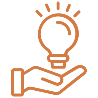 Icon of a hand holding a glowing light bulb on an orange background.