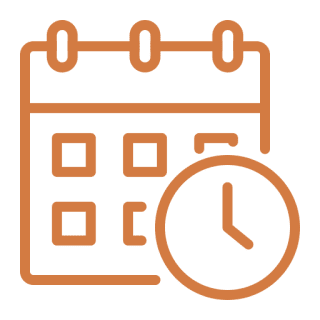 An orange calendar icon with a clock symbol.