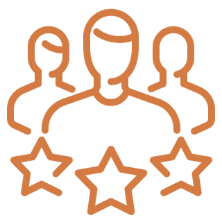 Silhouettes of three people with two stars below them on an orange background.